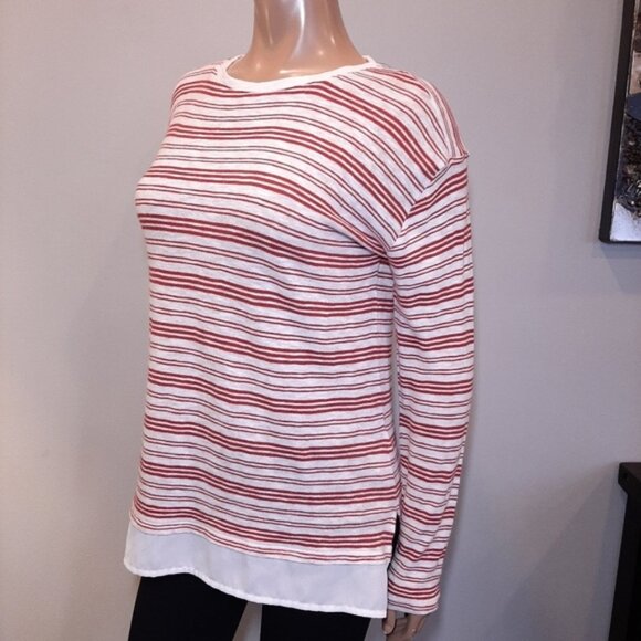 3/$20 Denver Hayes Striped Knit Top Faux Layered Hem Cotton Burgundy White - Picture 4 of 13
